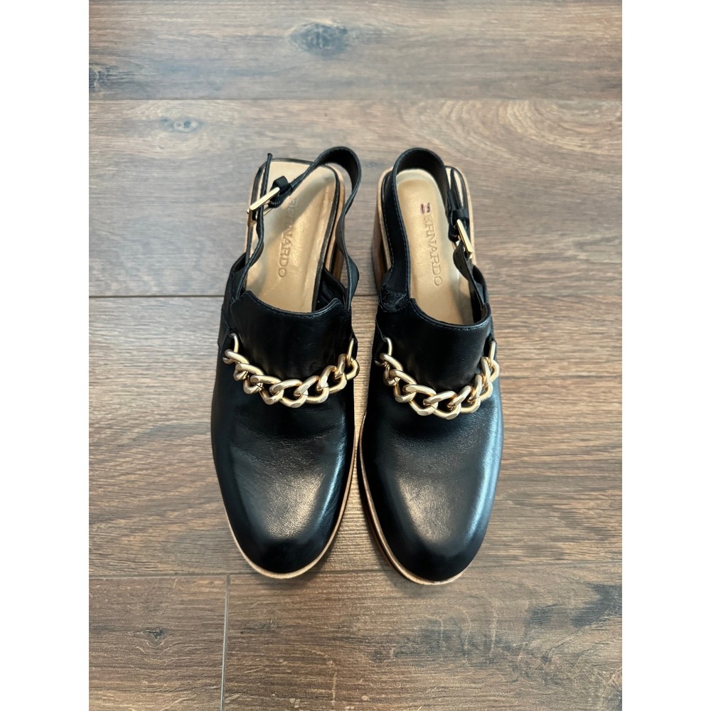 Bernardo Women Black Leather Chain Platform Clogs Slingback Wood Block Heel 8M - Picture 4 of 12